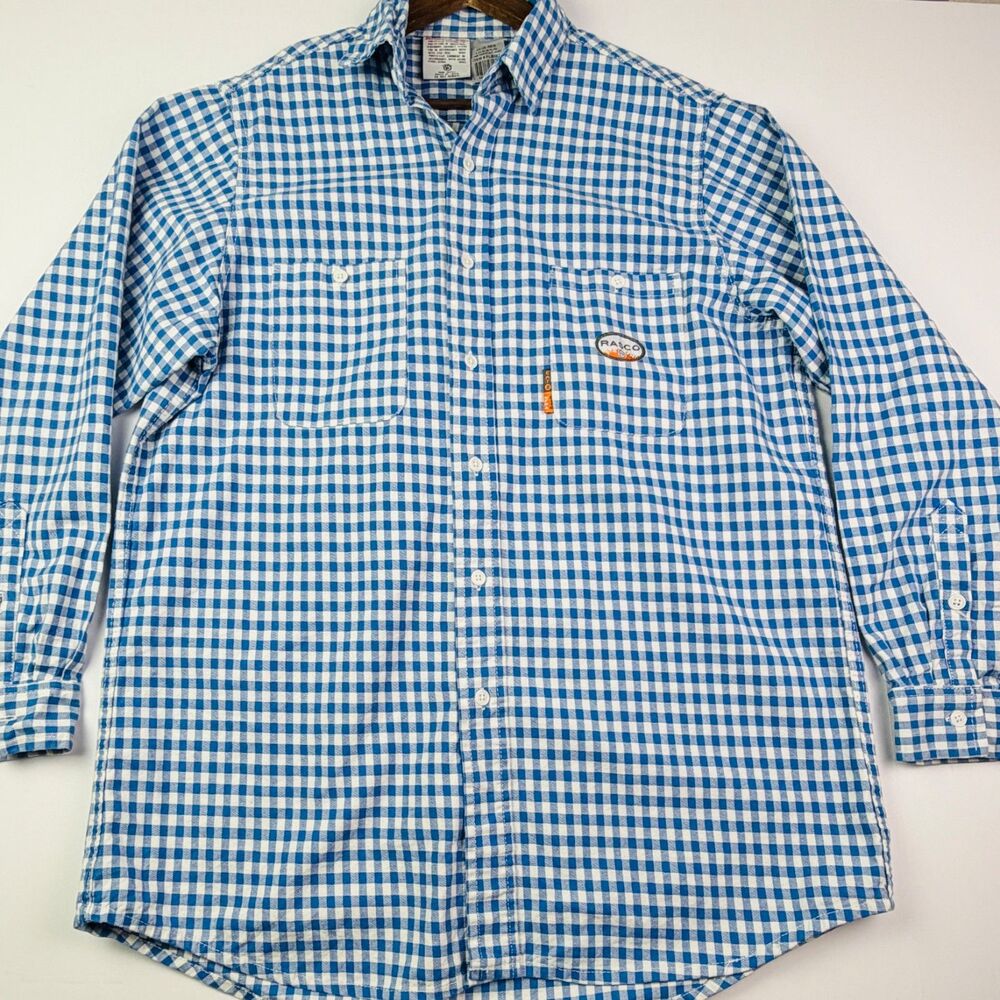 Rasco FR Flame Resistant Shirt Mens Large Blue White Plaid Workwear